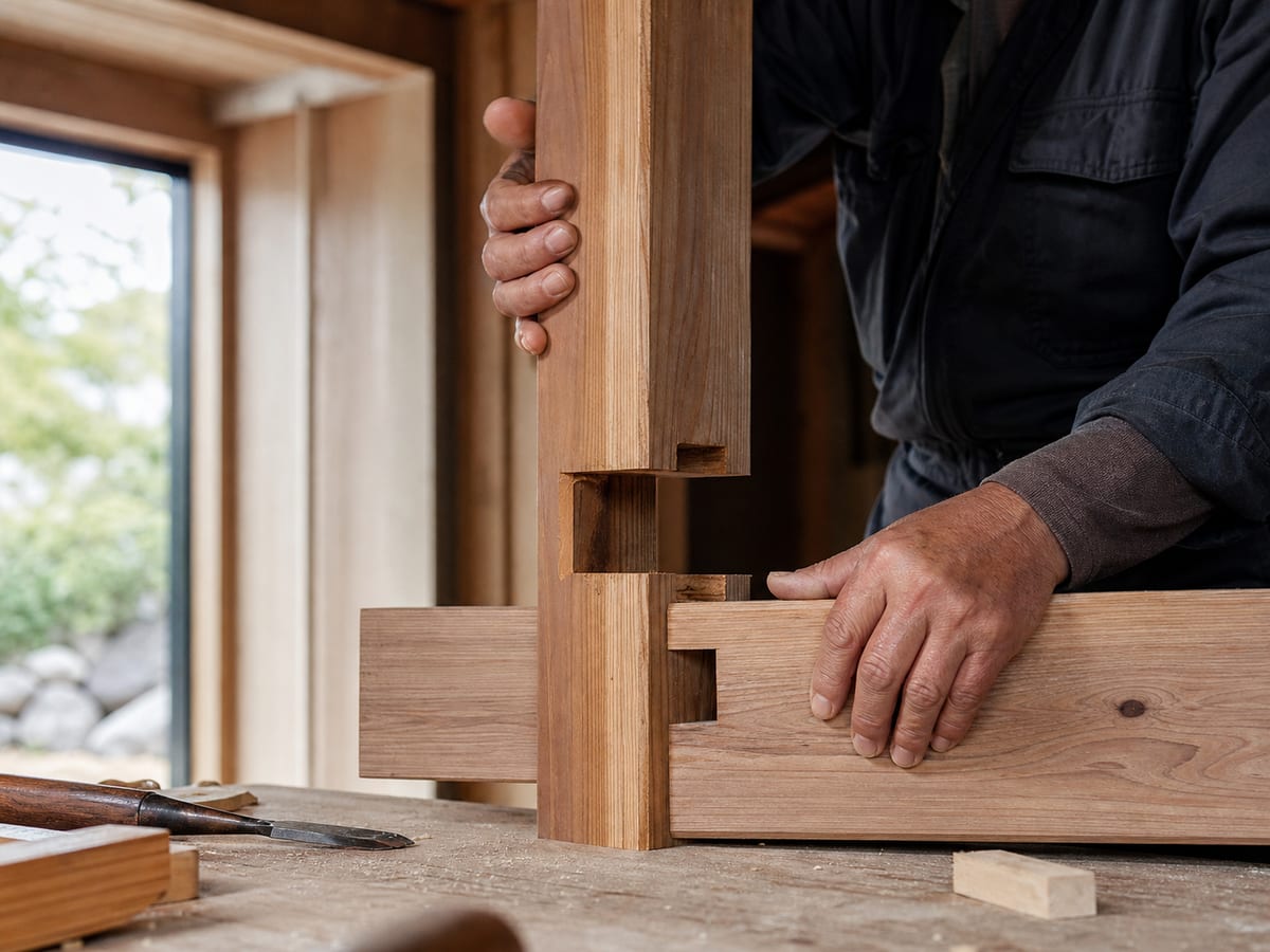 木組みを仕上げる職人の手元